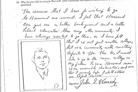 JFK Had to write a college essay for Harvard, just like everybody else. Learn more at the Manchester Public Library. JFK Had to write a college essay for Harvard, just like everybody else.